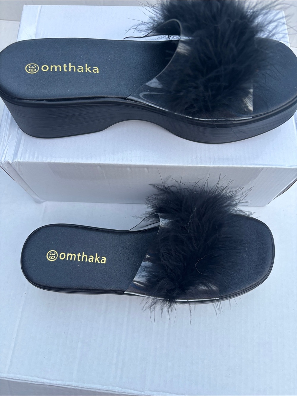 Omthaka Black Faux Fur Platform Slide Sandals